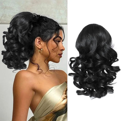 Extensiones de cabello sintético corto con clip,  cola de caballo cortas y rizadas con cordón, elegantes para uso diario.