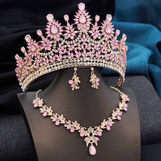 Tiaras e brincos de opala rosa de alta qualidade.