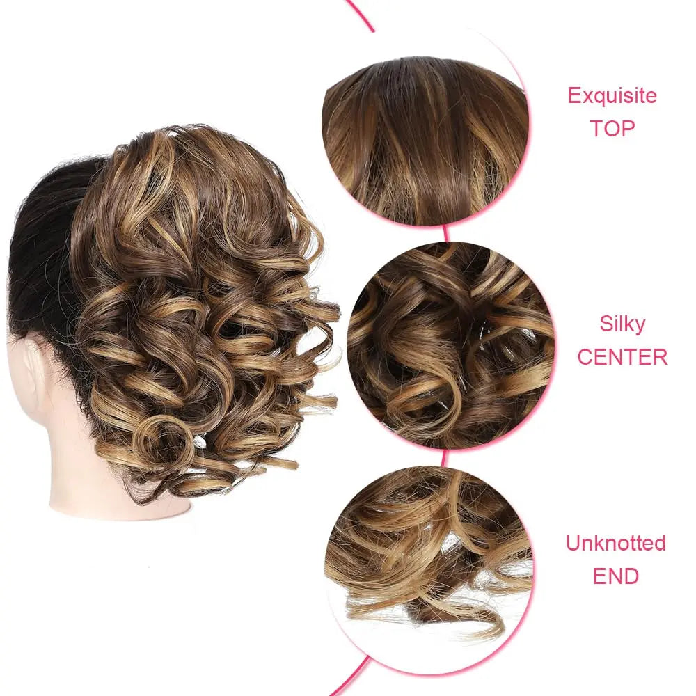 Extensiones de cabello sintético corto con clip,  cola de caballo cortas y rizadas con cordón, elegantes para uso diario.