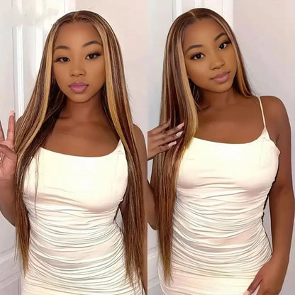Peruca feminina longa e reta com divisão ao meio, fibra natural sedosa de alta temperatura, mechas, cabelo sintético longo e cacheado.