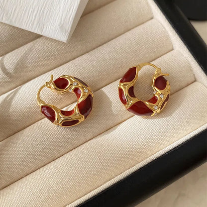 Brincos de argola luxuosos de aço inoxidável esmaltado para mulheres, brincos de argola leves e grossos com strass.