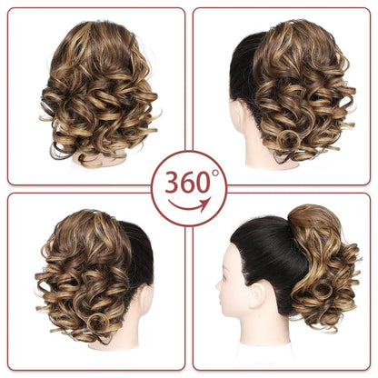 Extensiones de cabello sintético corto con clip,  cola de caballo cortas y rizadas con cordón, elegantes para uso diario.