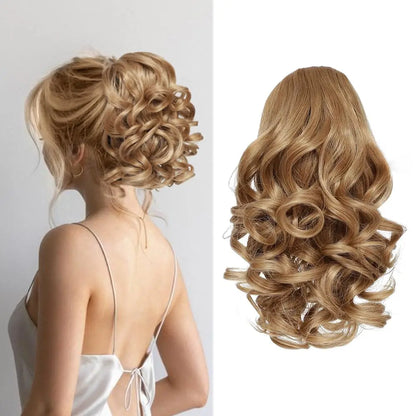 Extensiones de cabello sintético corto con clip,  cola de caballo cortas y rizadas con cordón, elegantes para uso diario.