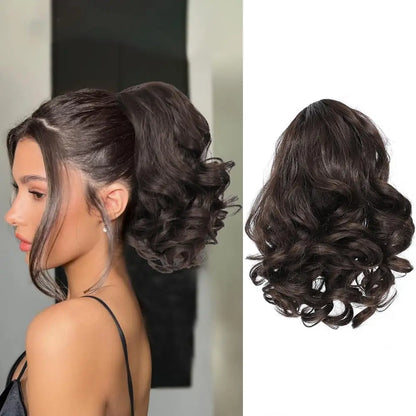 Extensiones de cabello sintético corto con clip,  cola de caballo cortas y rizadas con cordón, elegantes para uso diario.