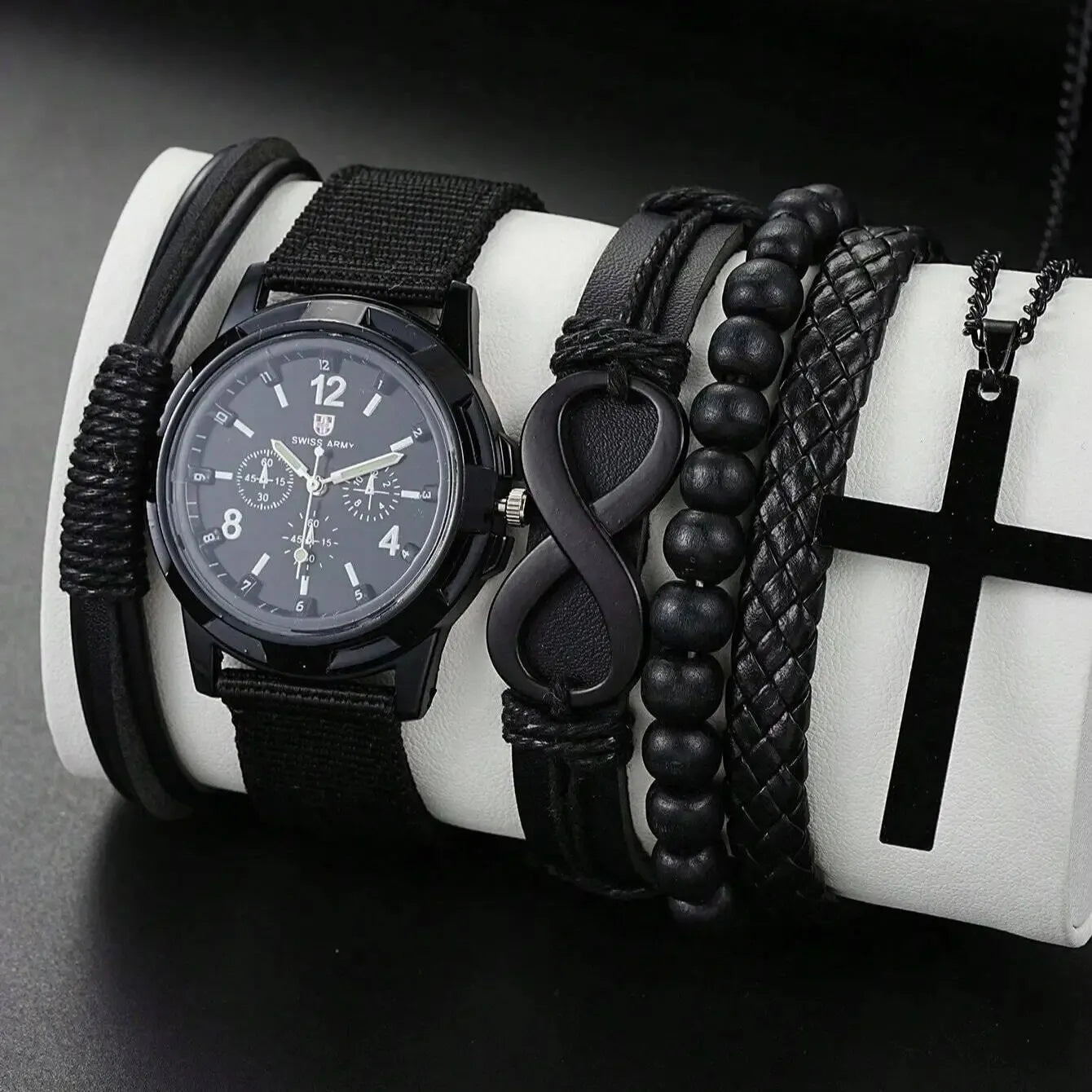 Juego de 6 pulseras de cuero sintético con cuentas en forma de 8 y reloj mecánico, collar con colgante de cruz para hombre, color negro