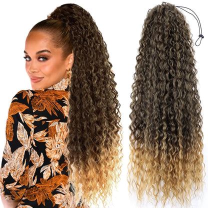 Extensiones de cola de caballo sintética rizada de 22 pulgadas para mujer, con cordón negro, ondas naturales al agua