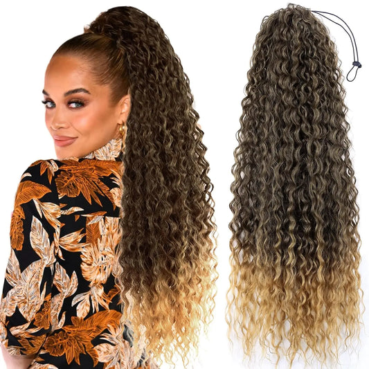 Extensiones de cola de caballo sintética rizada de 22 pulgadas para mujer, con cordón negro, ondas naturales al agua