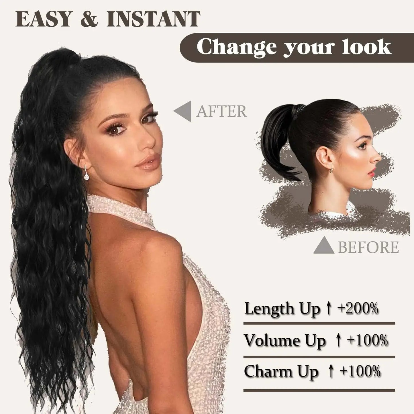 Extensiones de cola de caballo sintética rizada de 22 pulgadas para mujer, con cordón negro, ondas naturales al agua