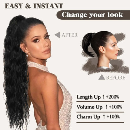 Extensiones de cola de caballo sintética rizada de 22 pulgadas para mujer, con cordón negro, ondas naturales al agua