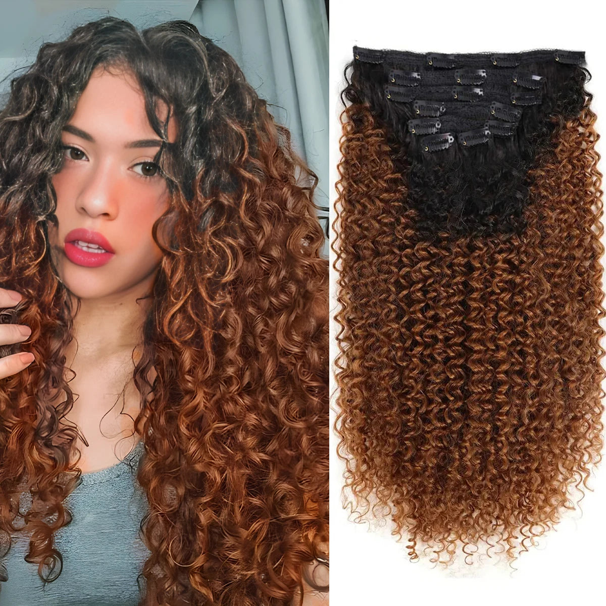 Extensiones de cabello sintético rizado con clip, postizos rizados con clip, extensiones postizas para cabeza completa, cabello negro y castaño para mujeres.