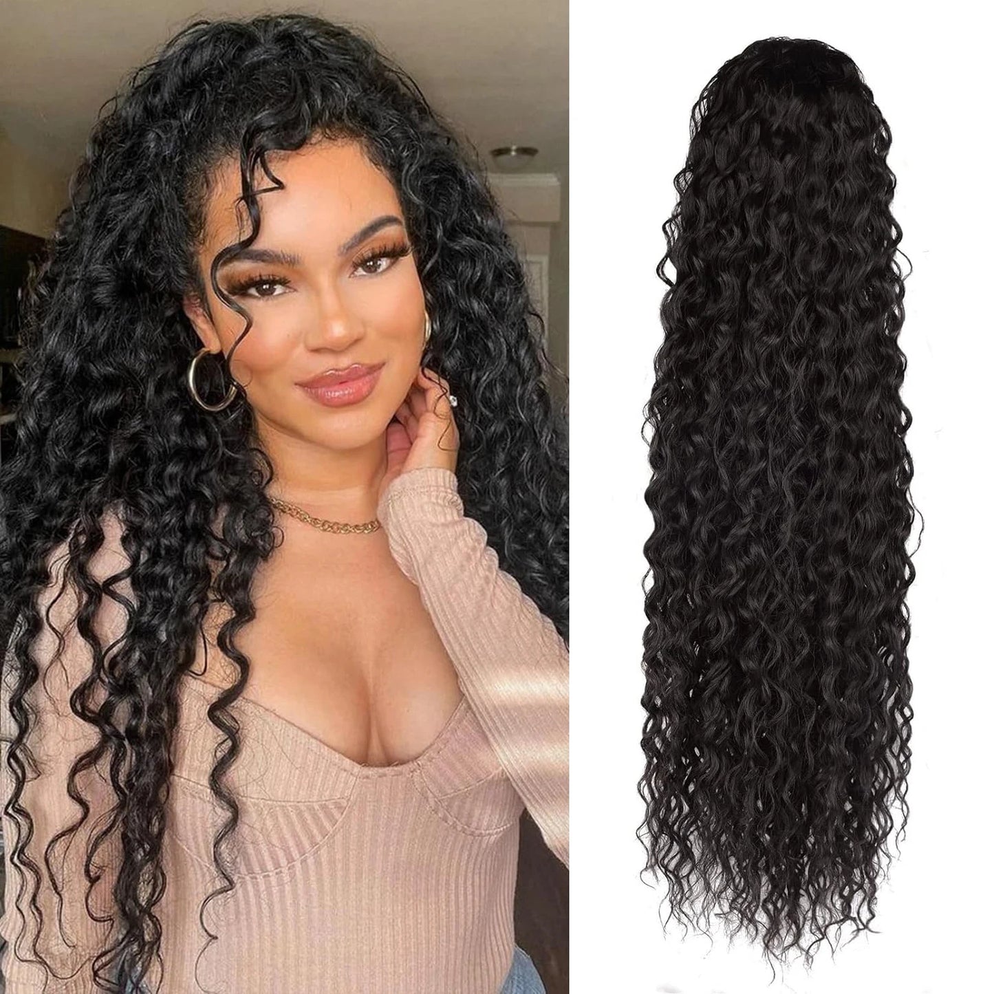 Extensiones de cola de caballo sintética rizada de 22 pulgadas para mujer, con cordón negro, ondas naturales al agua