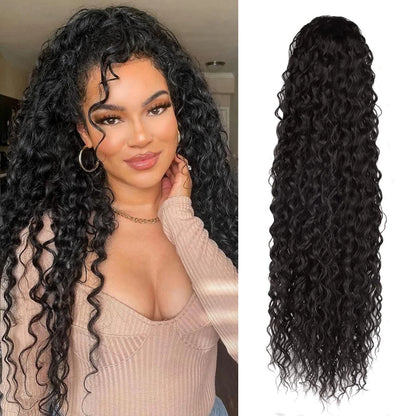 Extensiones de cola de caballo sintética rizada de 22 pulgadas para mujer, con cordón negro, ondas naturales al agua